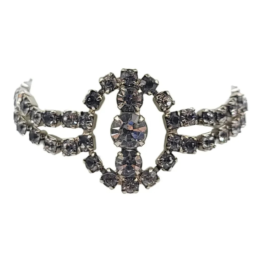 Gray Glass Rhinestone Art Deco Style Silver Tone Vintage Bracelet